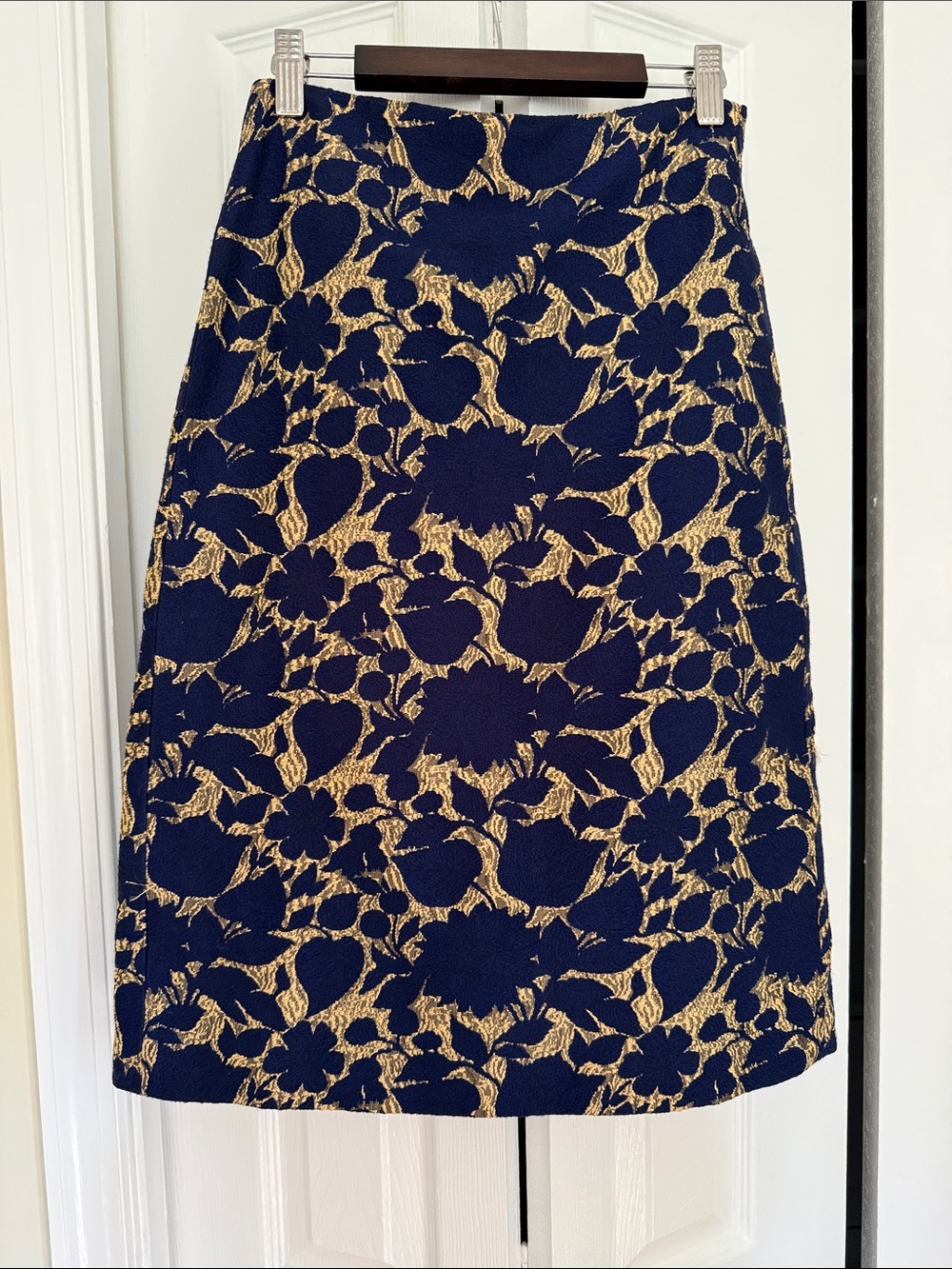 J. Crew Navy and Gold Floral Jacquard Pencil Skirt